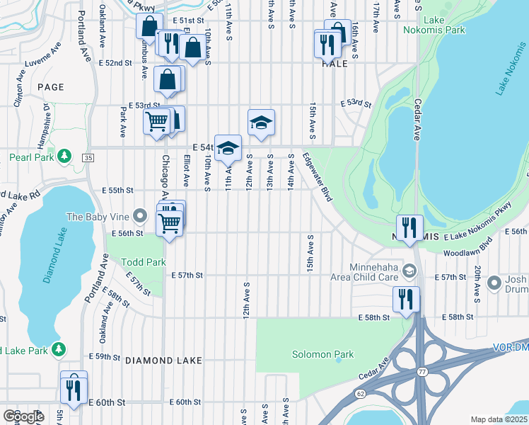 map of restaurants, bars, coffee shops, grocery stores, and more near 5524 13th Avenue South in Minneapolis