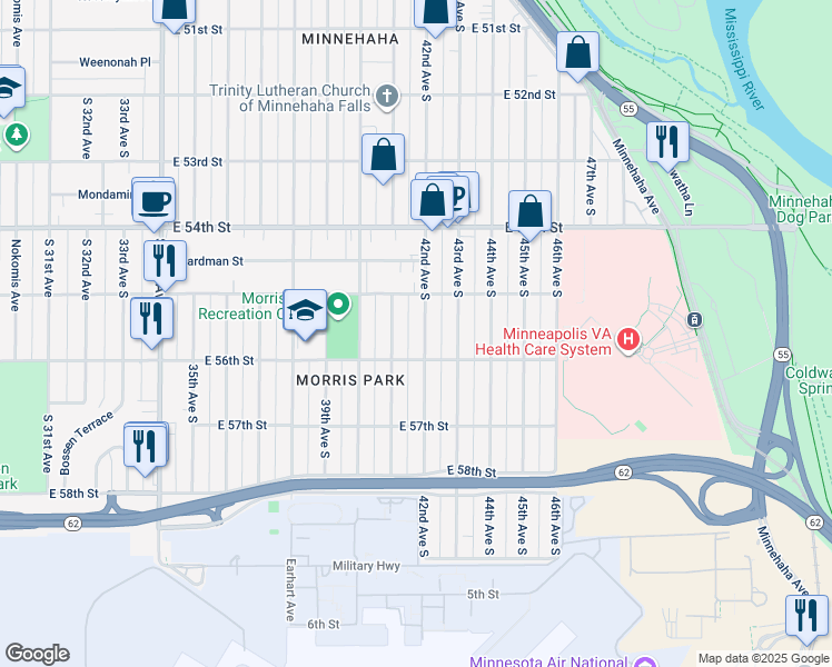 map of restaurants, bars, coffee shops, grocery stores, and more near 5536 42nd Ave S in Minneapolis