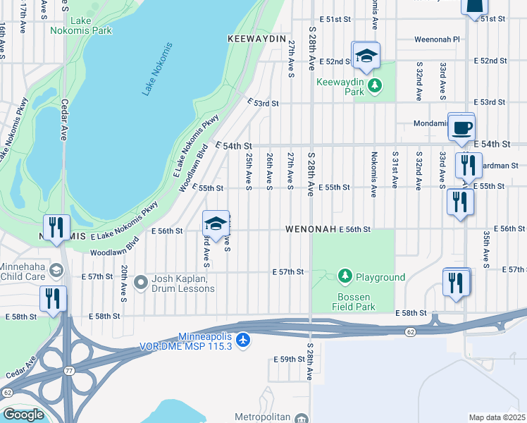 map of restaurants, bars, coffee shops, grocery stores, and more near 5532 26th Avenue South in Minneapolis