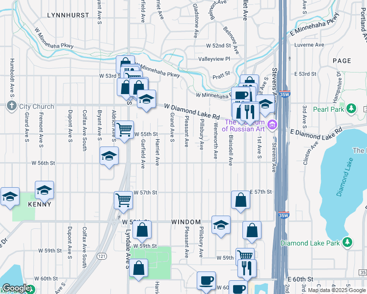 map of restaurants, bars, coffee shops, grocery stores, and more near 5526 Pleasant Avenue in Minneapolis