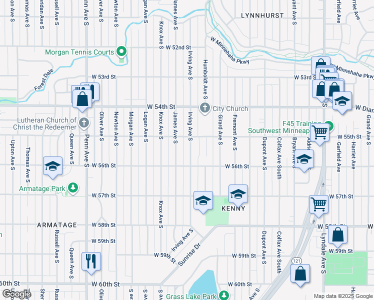 map of restaurants, bars, coffee shops, grocery stores, and more near 5520 Irving Avenue South in Minneapolis