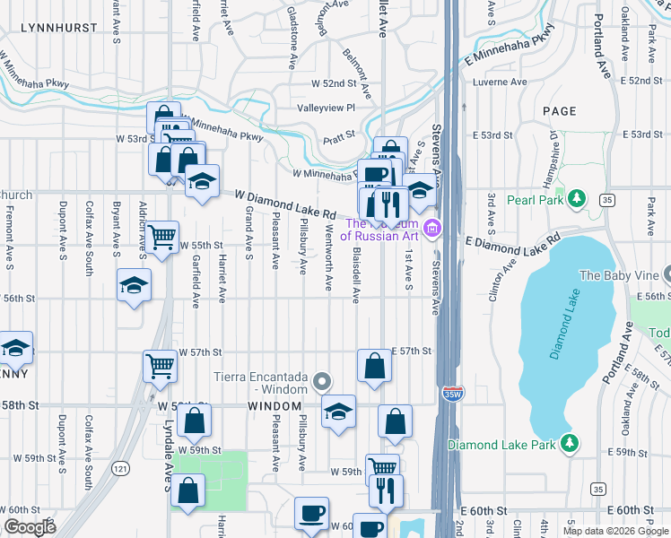 map of restaurants, bars, coffee shops, grocery stores, and more near 5521 Wentworth Avenue in Minneapolis