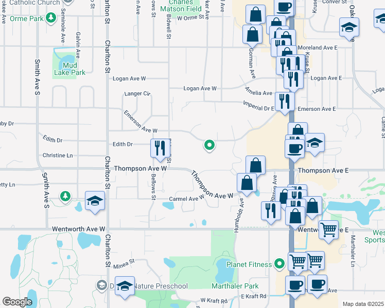 map of restaurants, bars, coffee shops, grocery stores, and more near 85 Thompson Avenue West in West Saint Paul