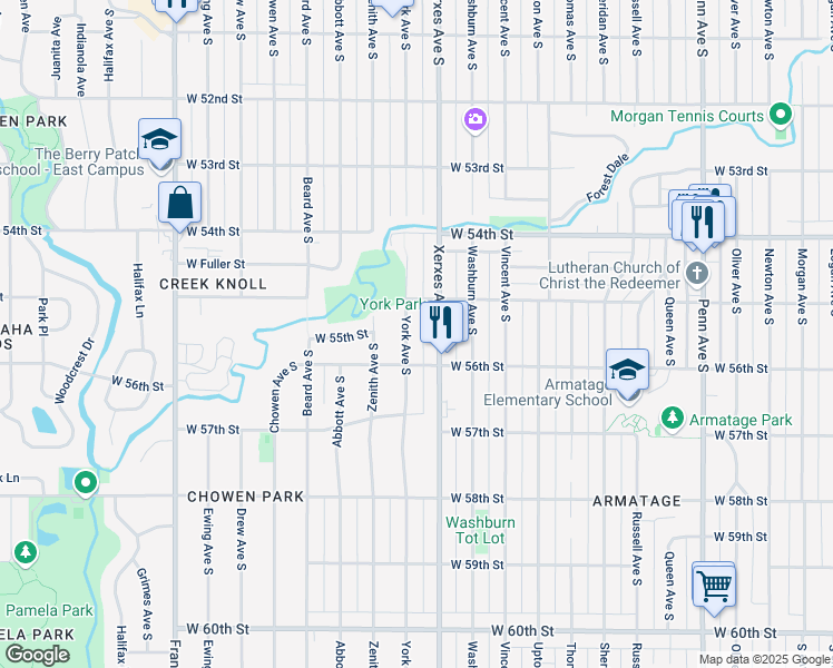 map of restaurants, bars, coffee shops, grocery stores, and more near 5533 York Avenue South in Edina