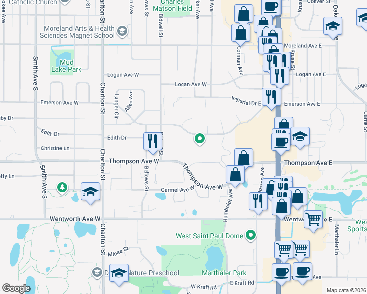 map of restaurants, bars, coffee shops, grocery stores, and more near 85 Thompson Avenue West in West Saint Paul