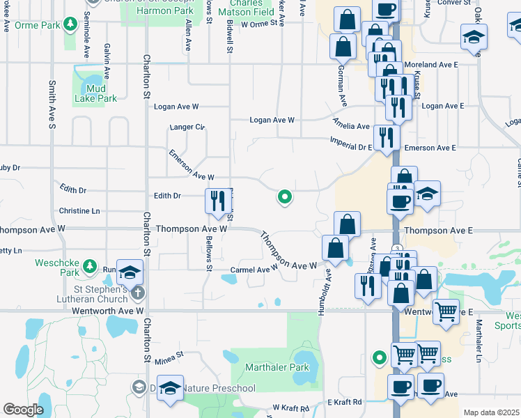 map of restaurants, bars, coffee shops, grocery stores, and more near 85 Thompson Avenue West in West Saint Paul