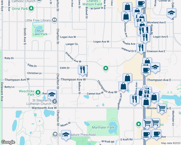 map of restaurants, bars, coffee shops, grocery stores, and more near 1450 Bidwell Street in Saint Paul