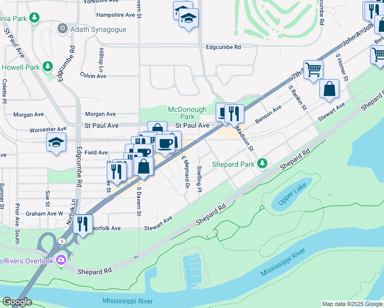 map of restaurants, bars, coffee shops, grocery stores, and more near 1292 East Maynard Drive in Saint Paul