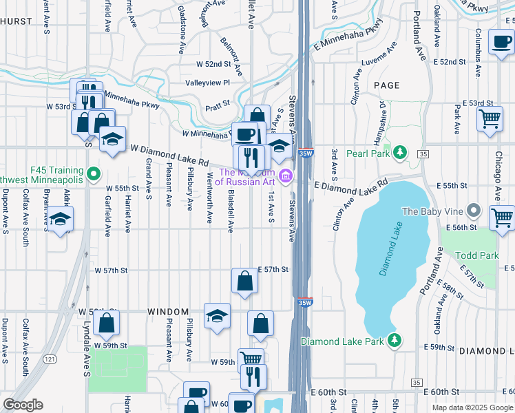 map of restaurants, bars, coffee shops, grocery stores, and more near 5531 Nicollet Avenue in Minneapolis