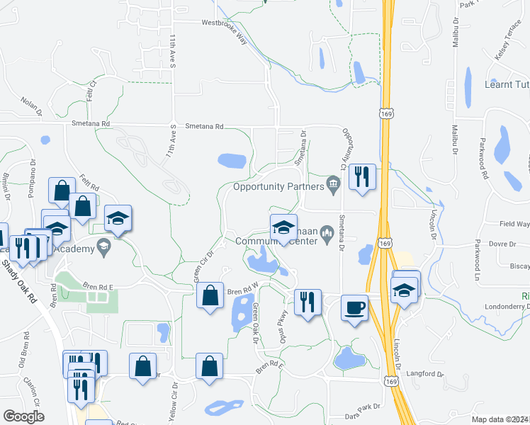 map of restaurants, bars, coffee shops, grocery stores, and more near 5627 Green Circle Drive in Hopkins