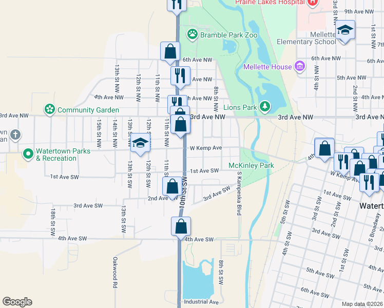 map of restaurants, bars, coffee shops, grocery stores, and more near 2-40 10th Street Southwest in Watertown