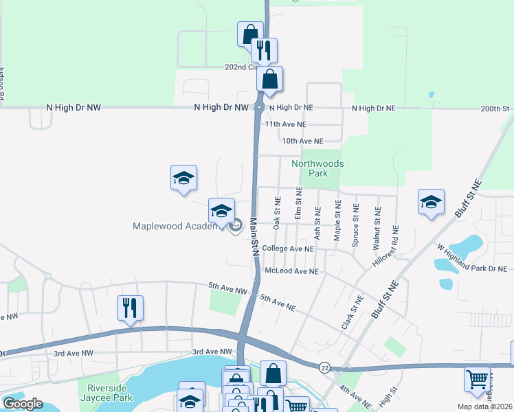 map of restaurants, bars, coffee shops, grocery stores, and more near 825 Main Street North in Hutchinson