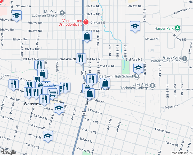 map of restaurants, bars, coffee shops, grocery stores, and more near in Watertown