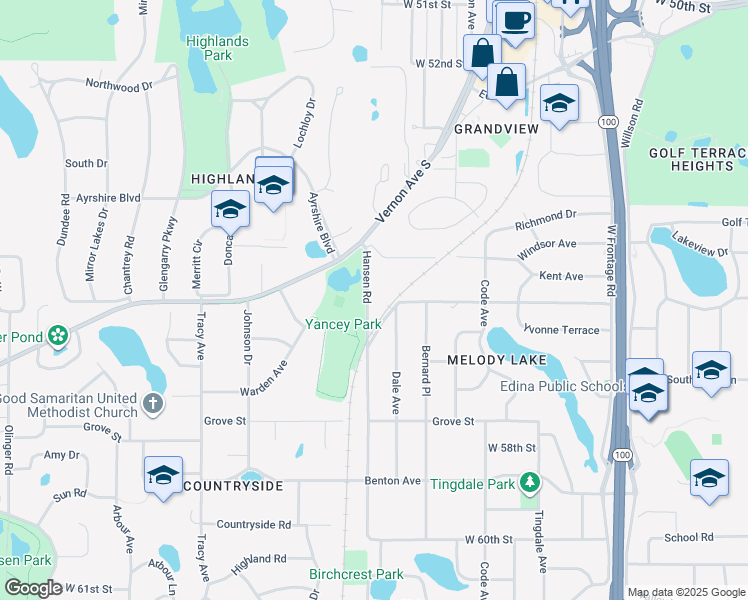 map of restaurants, bars, coffee shops, grocery stores, and more near 5525 Hansen Road in Minneapolis