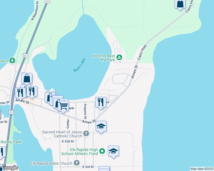 map of restaurants, bars, coffee shops, grocery stores, and more near 707 Spartan Shores Drive in Elk Rapids