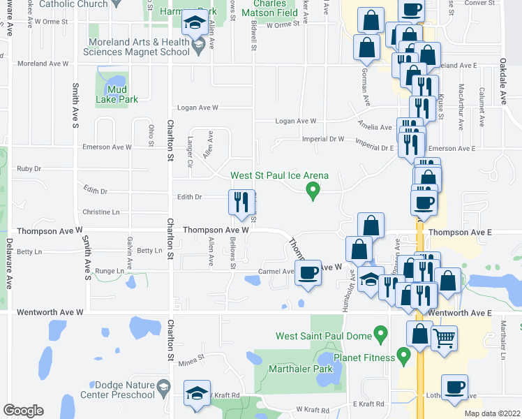 map of restaurants, bars, coffee shops, grocery stores, and more near 1450 Bidwell Street in Saint Paul