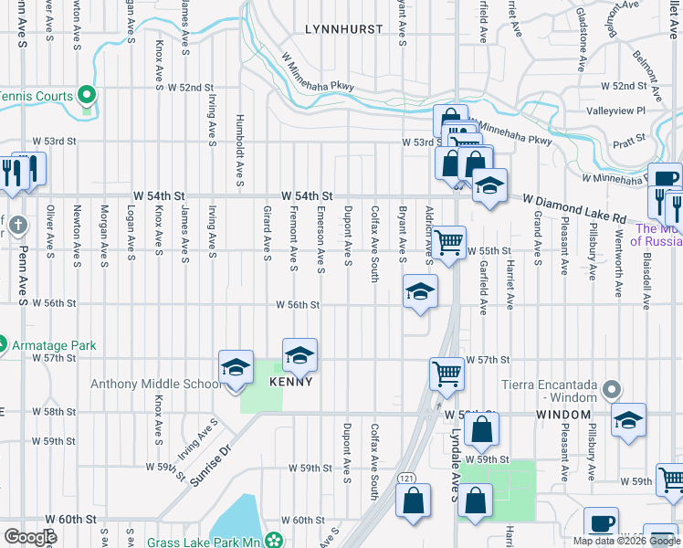 map of restaurants, bars, coffee shops, grocery stores, and more near 5524 Dupont Avenue South in Minneapolis
