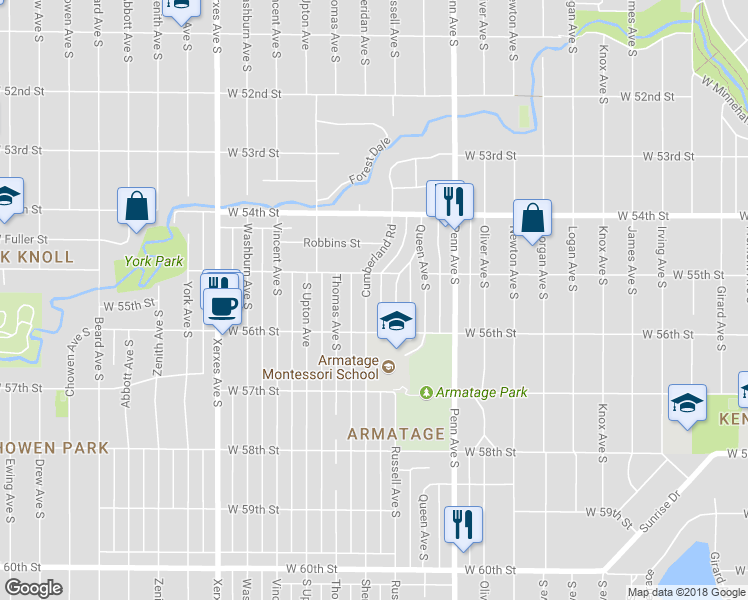 map of restaurants, bars, coffee shops, grocery stores, and more near 5521 Cumberland Road in Minneapolis