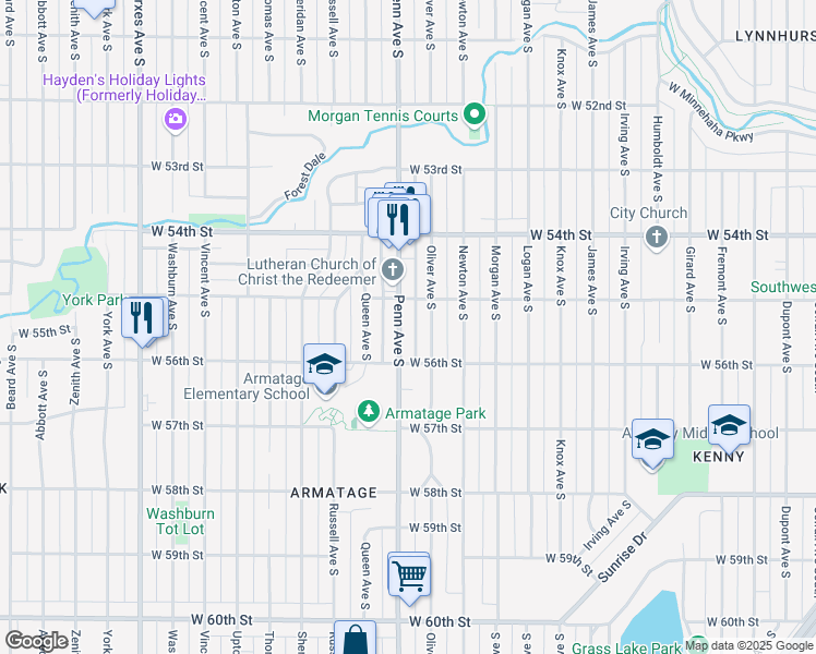 map of restaurants, bars, coffee shops, grocery stores, and more near 5521 Penn Avenue South in Minneapolis