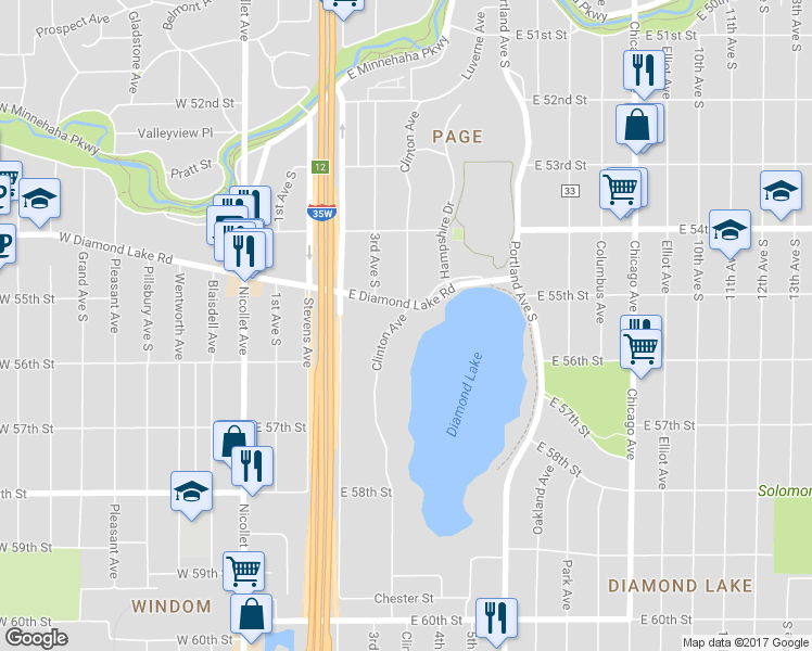 map of restaurants, bars, coffee shops, grocery stores, and more near 5515 Clinton Avenue in Minneapolis