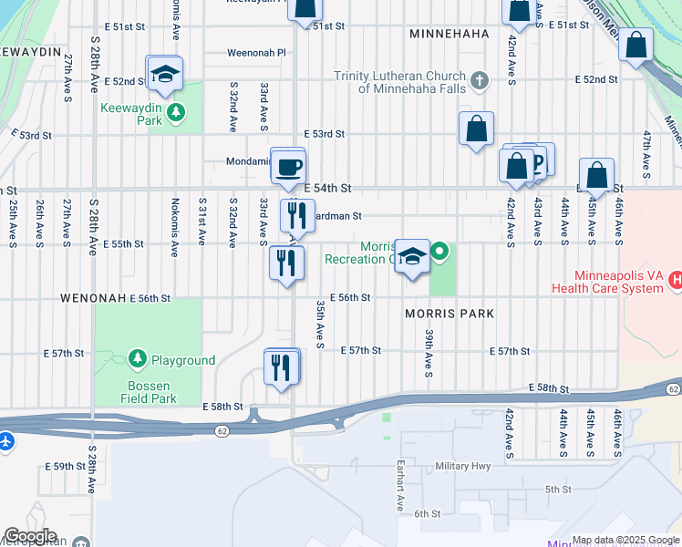 map of restaurants, bars, coffee shops, grocery stores, and more near 5532 36th Avenue South in Minneapolis