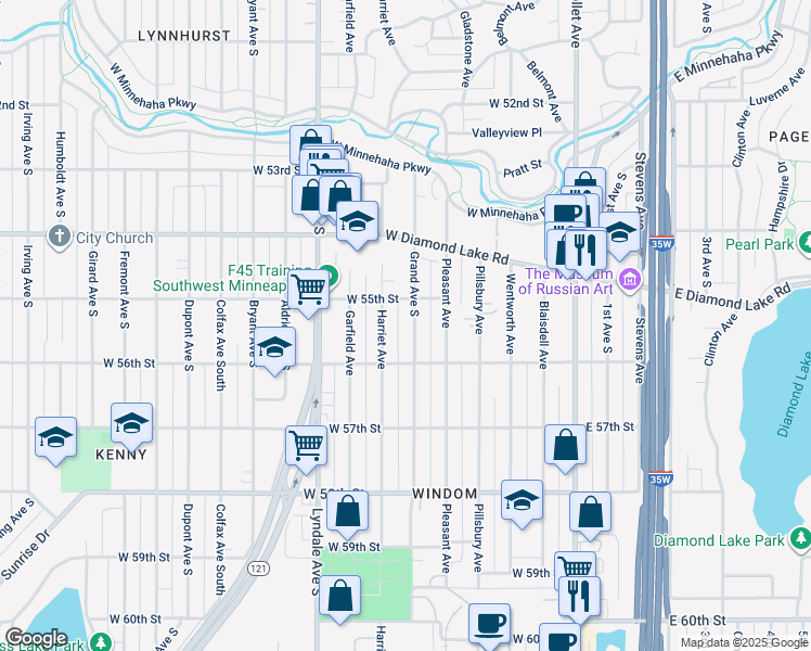 map of restaurants, bars, coffee shops, grocery stores, and more near 5520 Grand Avenue South in Minneapolis