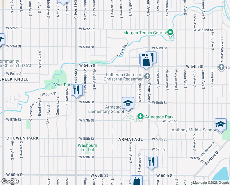 map of restaurants, bars, coffee shops, grocery stores, and more near 5521 Thomas Avenue South in Minneapolis