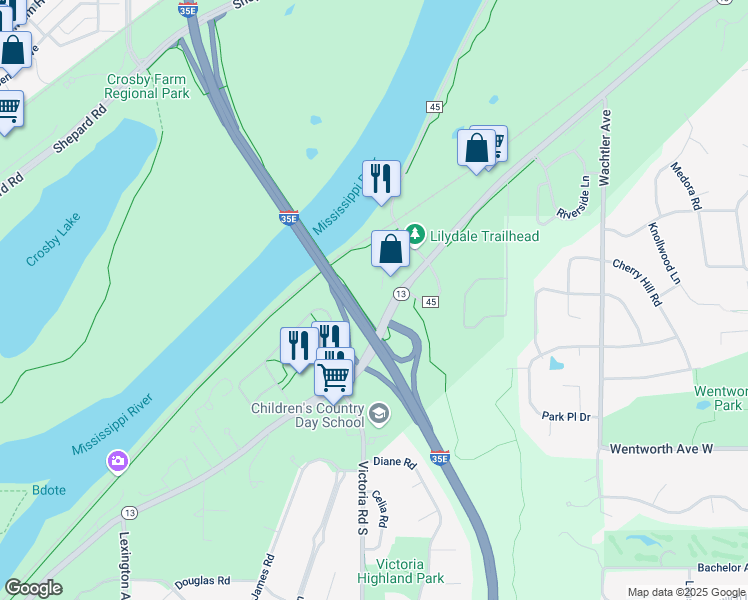 map of restaurants, bars, coffee shops, grocery stores, and more near 949 Sibley Memorial Highway in Saint Paul