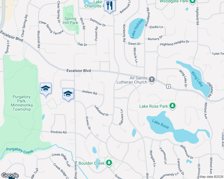map of restaurants, bars, coffee shops, grocery stores, and more near 5544 Holiday Road in Minnetonka