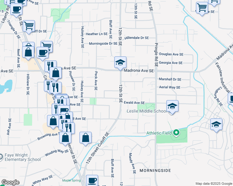 map of restaurants, bars, coffee shops, grocery stores, and more near 1164 Shamrock Drive Southeast in Salem