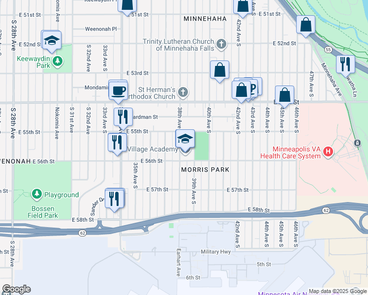map of restaurants, bars, coffee shops, grocery stores, and more near 5533 38th Avenue South in Minneapolis