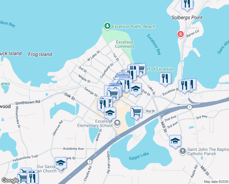 map of restaurants, bars, coffee shops, grocery stores, and more near 332 3rd Street in Excelsior
