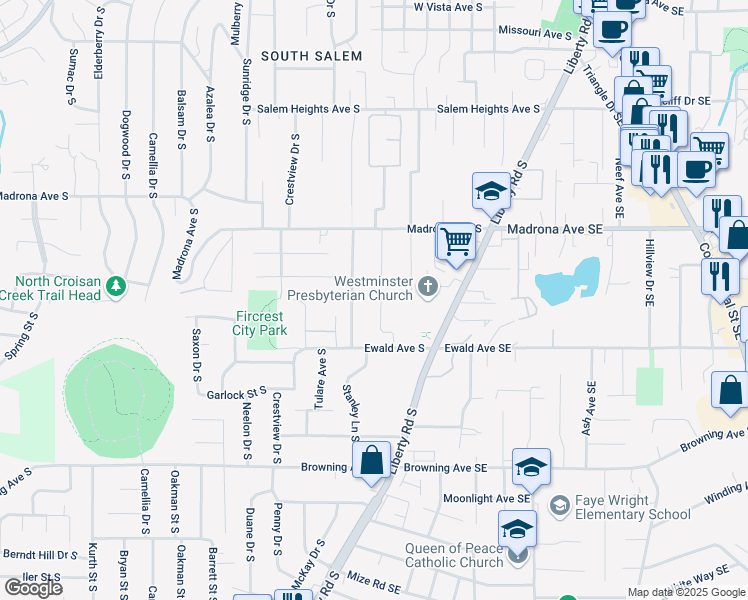 map of restaurants, bars, coffee shops, grocery stores, and more near 3691 Felton Street South in Salem