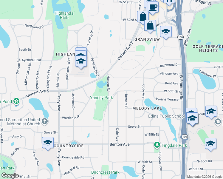 map of restaurants, bars, coffee shops, grocery stores, and more near 5525 Hansen Road in Minneapolis