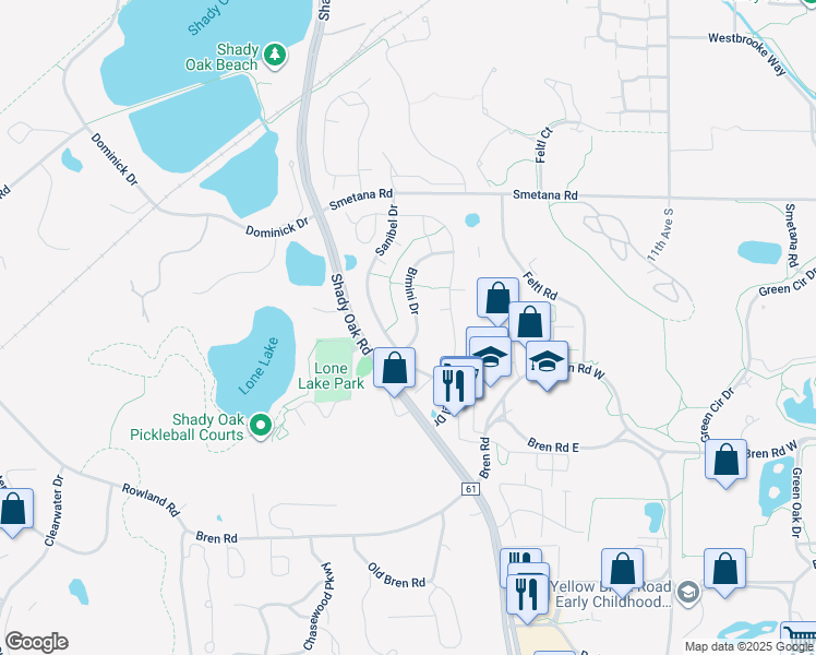 map of restaurants, bars, coffee shops, grocery stores, and more near 5608 Bimini Drive in Hopkins