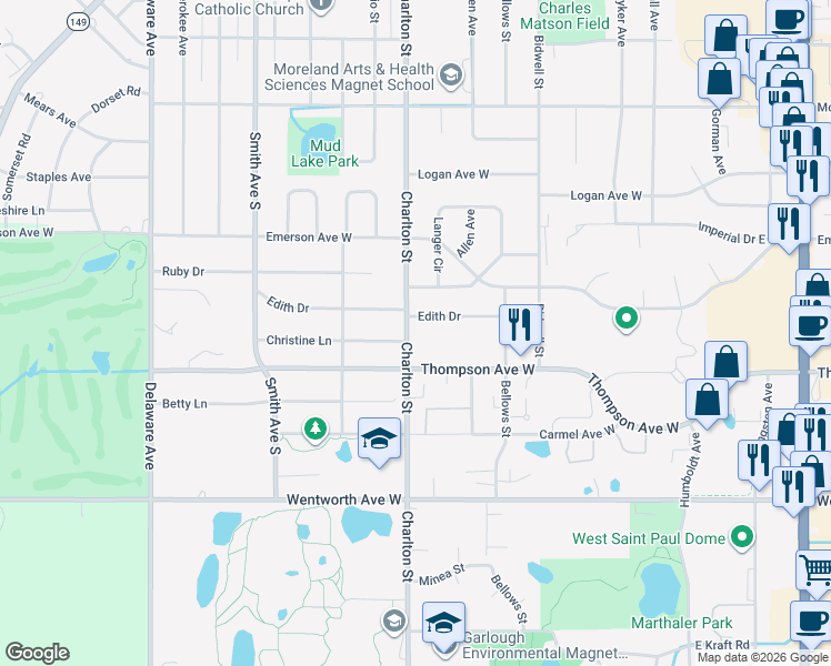 map of restaurants, bars, coffee shops, grocery stores, and more near 1444 Charlton Street in Saint Paul