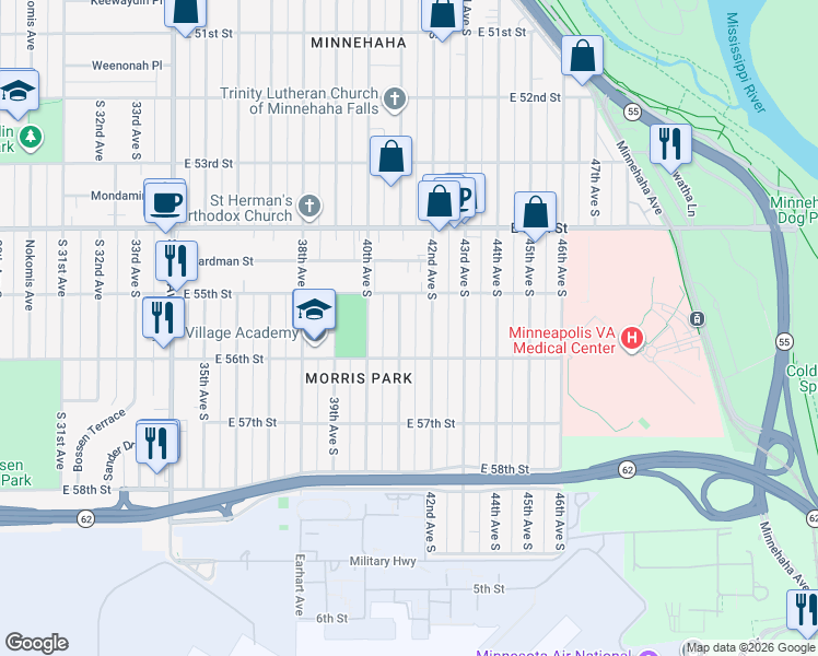 map of restaurants, bars, coffee shops, grocery stores, and more near 5536 42nd Avenue South in Minneapolis