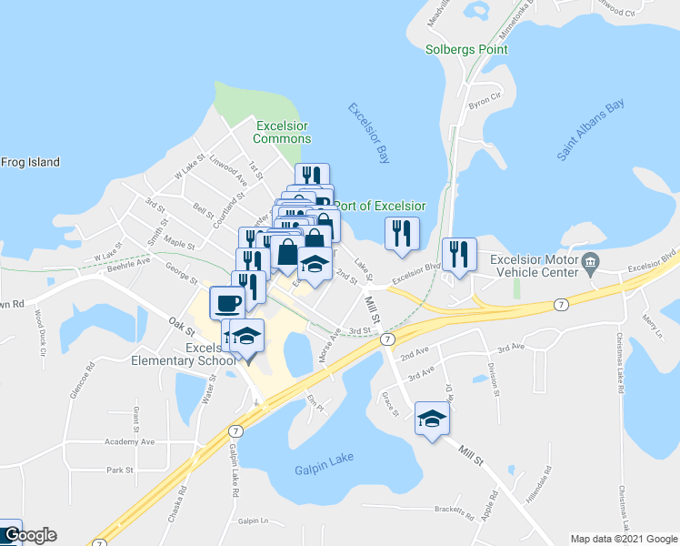 map of restaurants, bars, coffee shops, grocery stores, and more near 2nd Street & School Avenue in Excelsior