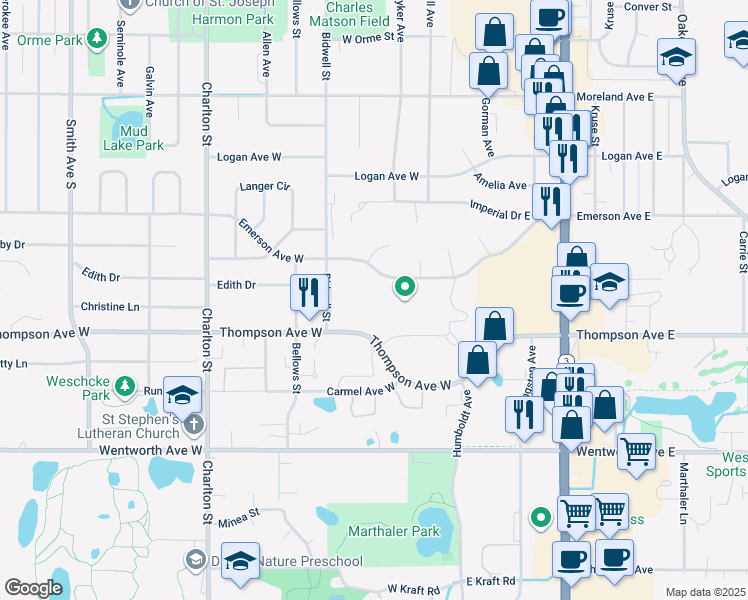 map of restaurants, bars, coffee shops, grocery stores, and more near 85 Thompson Avenue West in Saint Paul