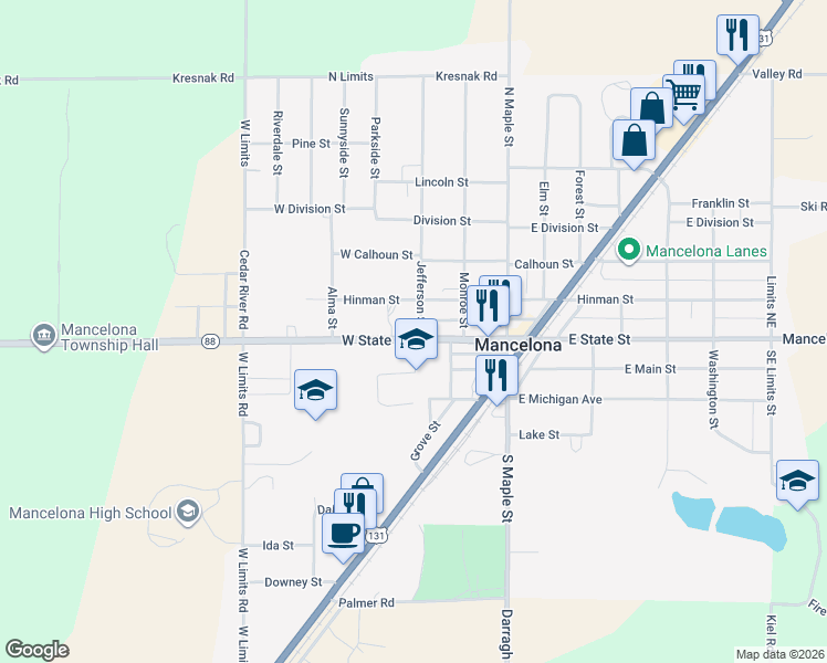 map of restaurants, bars, coffee shops, grocery stores, and more near 302 West State Street in Mancelona