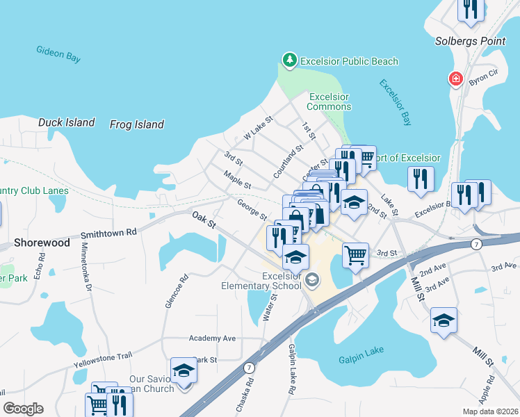 map of restaurants, bars, coffee shops, grocery stores, and more near 209 George Street in Excelsior