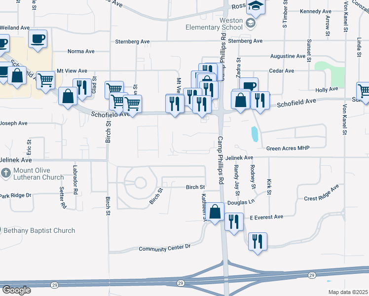 map of restaurants, bars, coffee shops, grocery stores, and more near 3602 Winding Ridge Way in Schofield