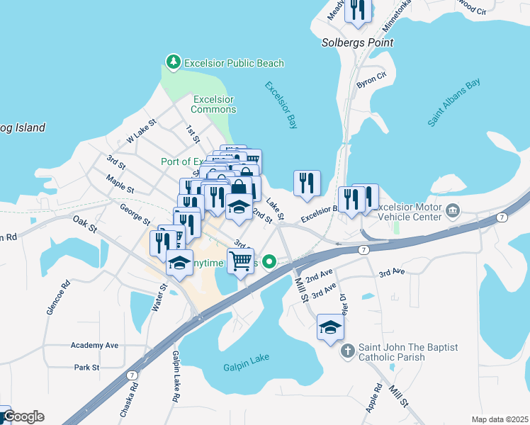 map of restaurants, bars, coffee shops, grocery stores, and more near 511 2nd Street in Excelsior