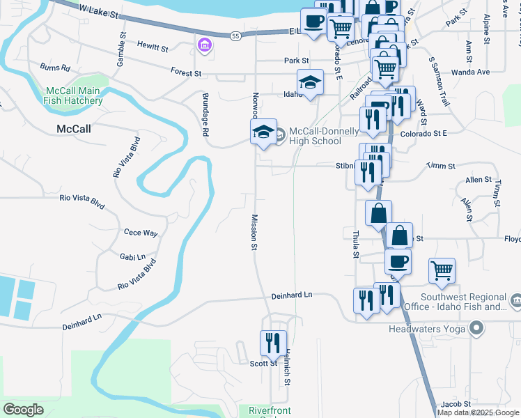 map of restaurants, bars, coffee shops, grocery stores, and more near 500 North Mission Street in McCall