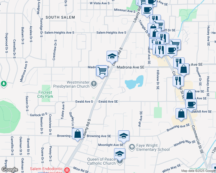 map of restaurants, bars, coffee shops, grocery stores, and more near 3652-3668 Liberty Road South in Salem