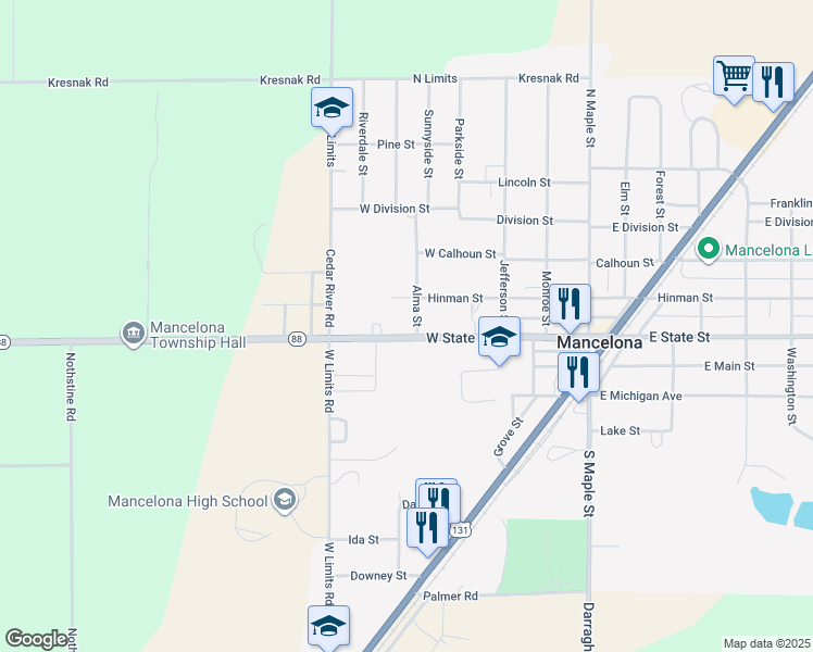 map of restaurants, bars, coffee shops, grocery stores, and more near 405 West State Street in Mancelona