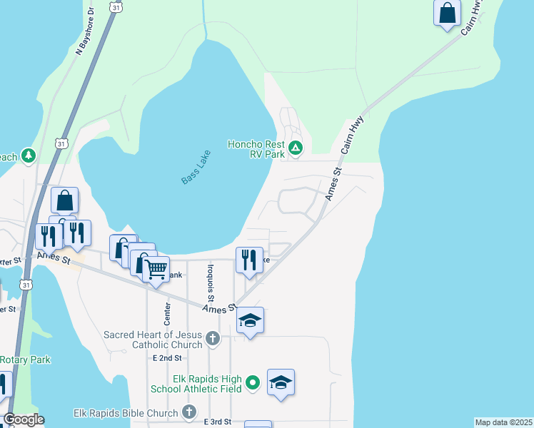map of restaurants, bars, coffee shops, grocery stores, and more near 707 Spartan Shores Drive in Elk Rapids