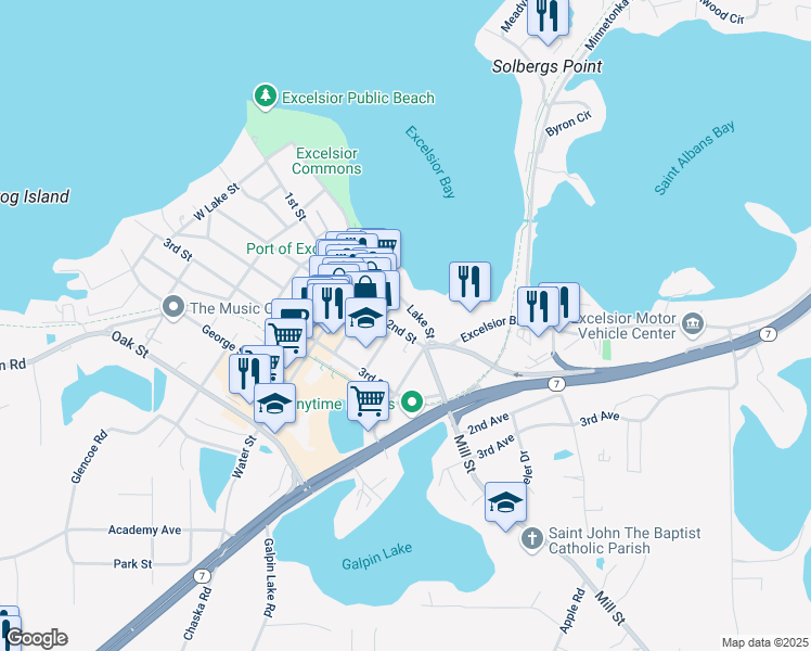 map of restaurants, bars, coffee shops, grocery stores, and more near 511 2nd Street in Excelsior