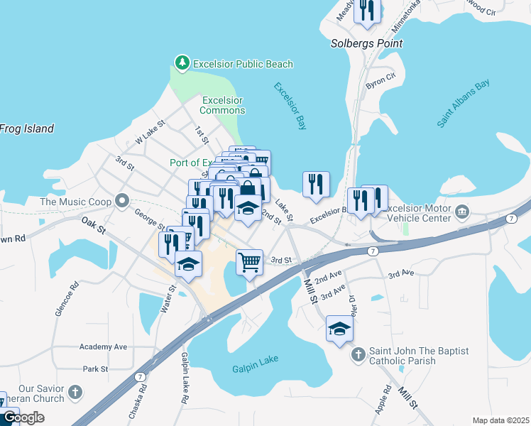 map of restaurants, bars, coffee shops, grocery stores, and more near 511 2nd Street in Excelsior