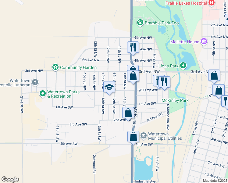 map of restaurants, bars, coffee shops, grocery stores, and more near 5 12th Street Southwest in Watertown